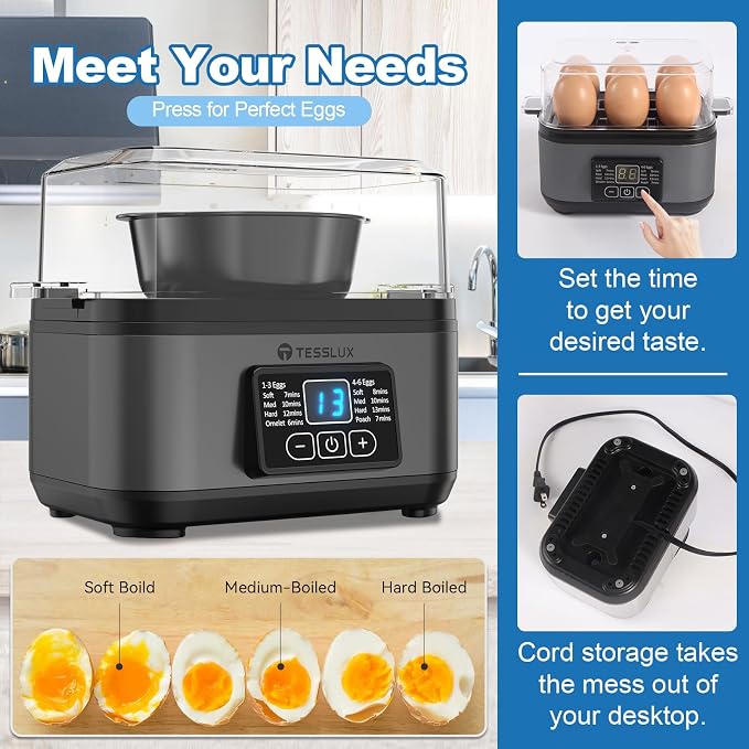 Tesslux Electric Egg Cooker, 6-Egg Boiler for Hard, Soft, Poached, Silver