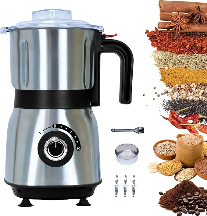 Versatile Kitchen Grinder | 500W Electric Mill | Grinds Spices, Nuts, Grains, Coffee | 3 Stainless Steel Blades