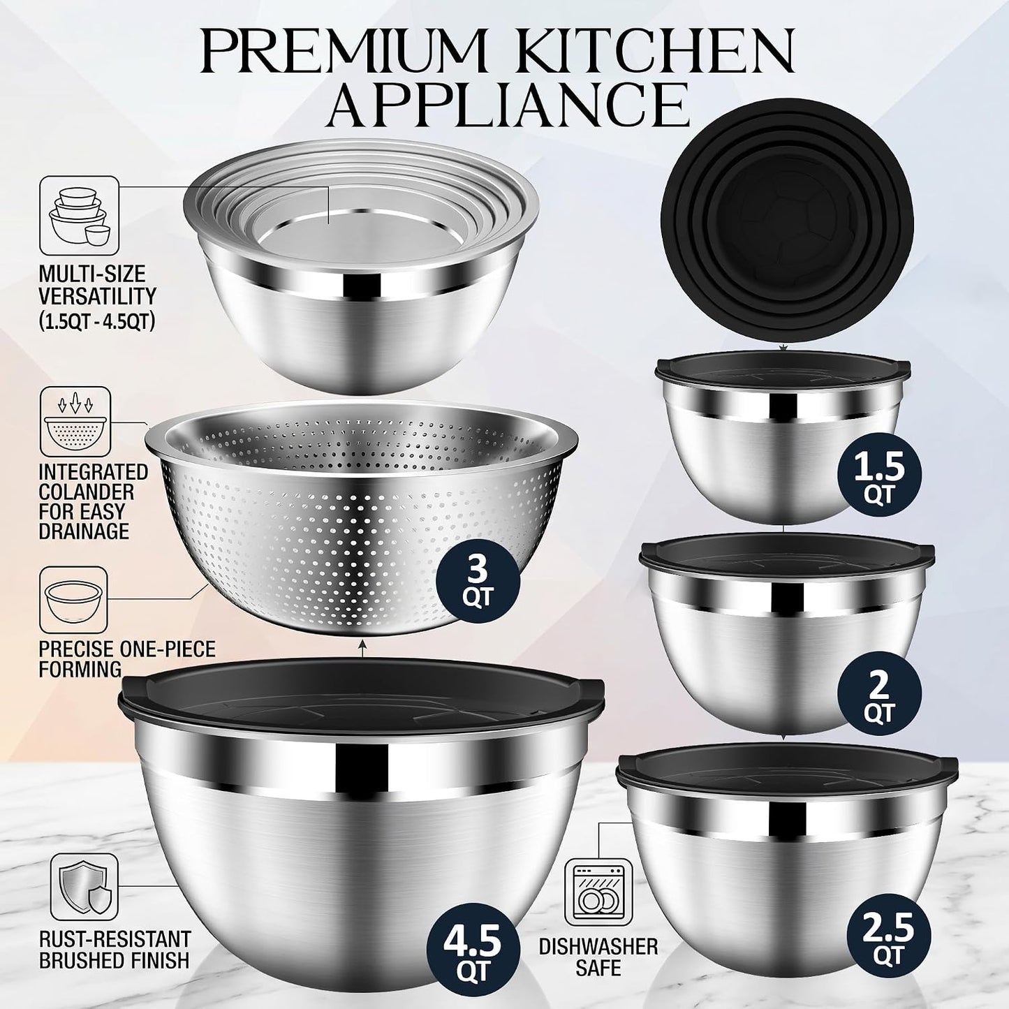 DUTZUN Mixing Bowls with Lids Set, Stainless Steel Mixing Bowls with Colander