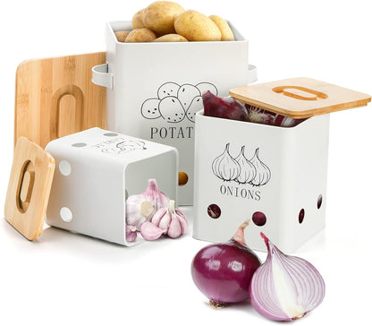 WUWEOT 3 Pack Vegetable Storage Tins, Metal Onion Garlic Potato Jars Set