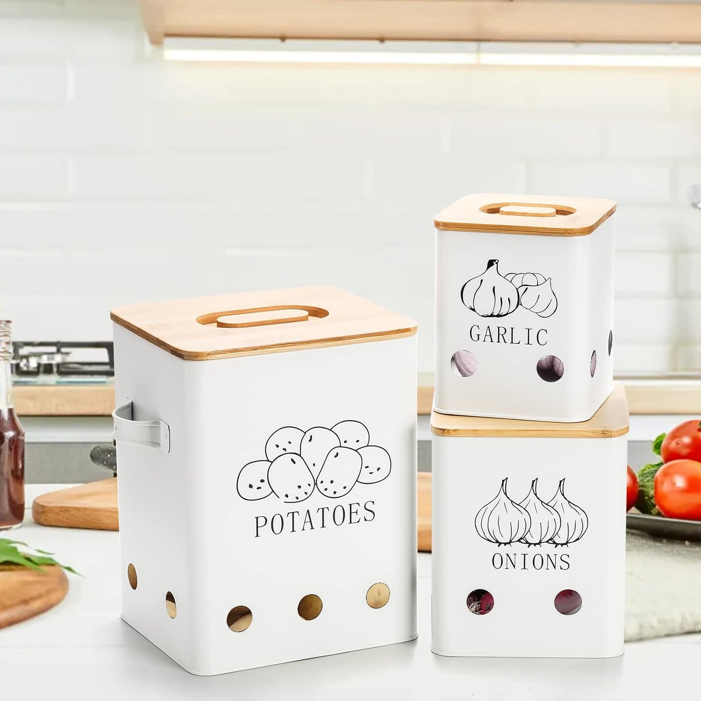 WUWEOT 3 Pack Vegetable Storage Tins, Metal Onion Garlic Potato Jars Set