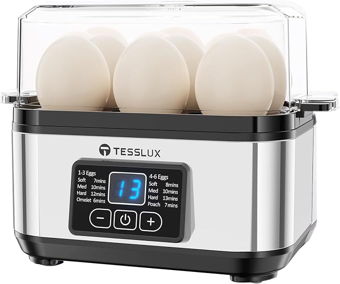 Tesslux Electric Egg Cooker, 6-Egg Boiler for Hard, Soft, Poached, Silver