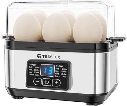 Tesslux Electric Egg Cooker, 6-Egg Boiler for Hard, Soft, Poached, Silver