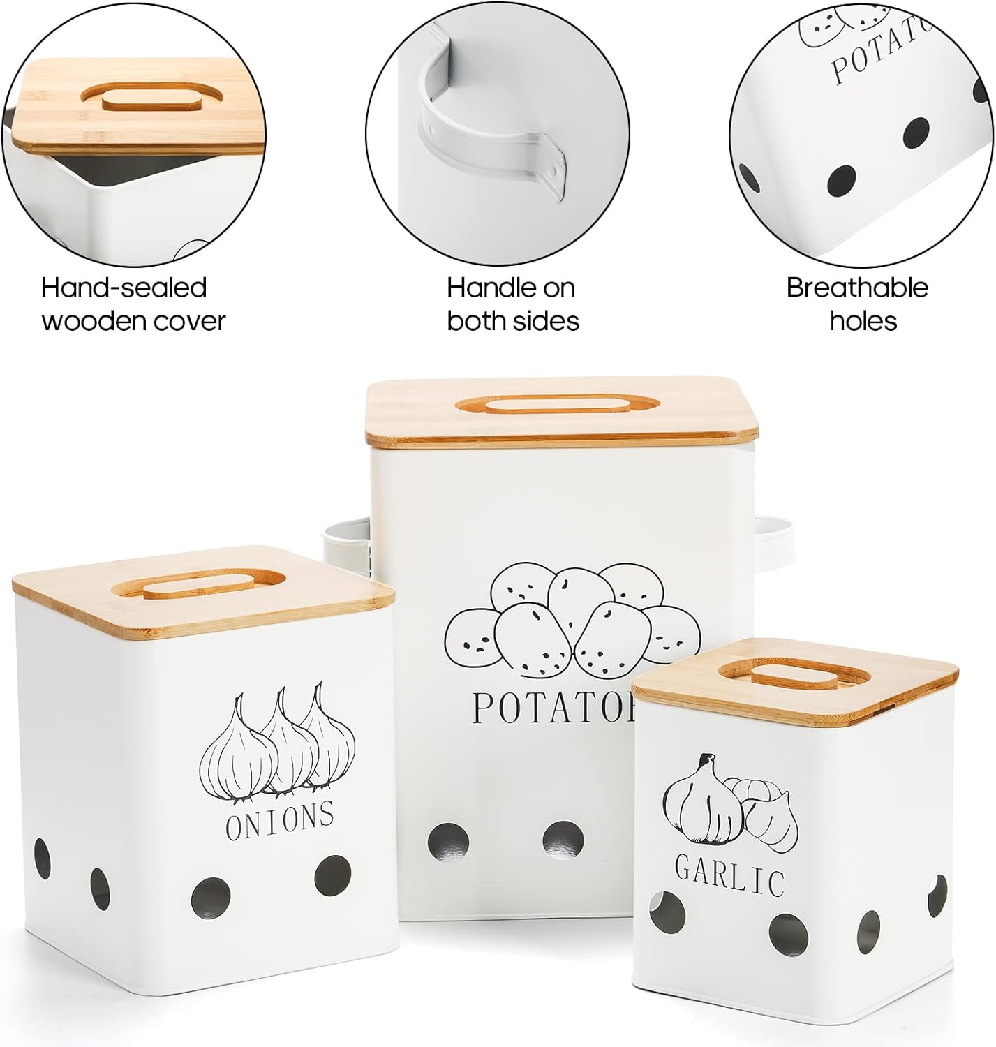 WUWEOT 3 Pack Vegetable Storage Tins, Metal Onion Garlic Potato Jars Set