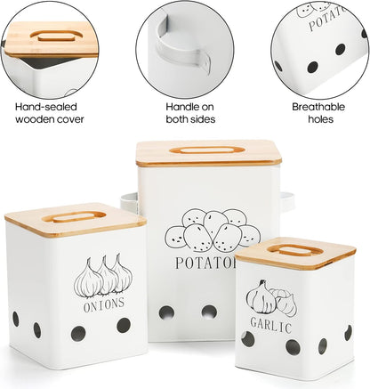 WUWEOT 3 Pack Vegetable Storage Tins, Metal Onion Garlic Potato Jars Set