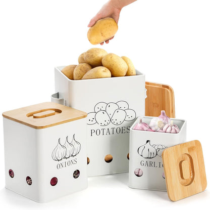WUWEOT 3 Pack Vegetable Storage Tins, Metal Onion Garlic Potato Jars Set
