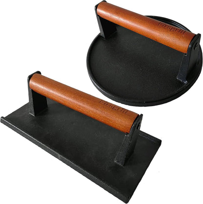 Burger Press 7.08" Round & 8.3”X4.3”Rectangle Heavy-Duty Cast Iron Smash Meat