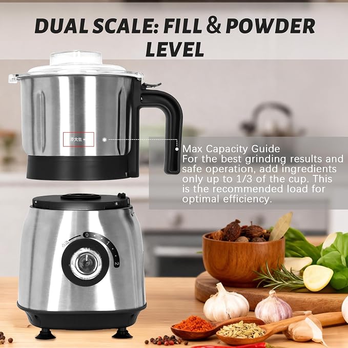 Versatile Kitchen Grinder | 500W Electric Mill | Grinds Spices, Nuts, Grains, Coffee | 3 Stainless Steel Blades