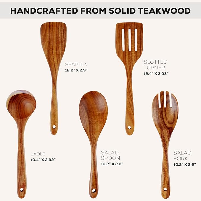 Zulay Kitchen Extra-Large 5-Piece Wooden Spoon Set