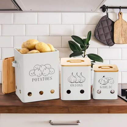 WUWEOT 3 Pack Vegetable Storage Tins, Metal Onion Garlic Potato Jars Set