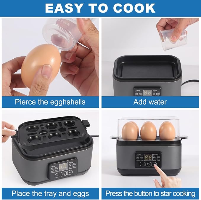 Tesslux Electric Egg Cooker, 6-Egg Boiler for Hard, Soft, Poached, Silver