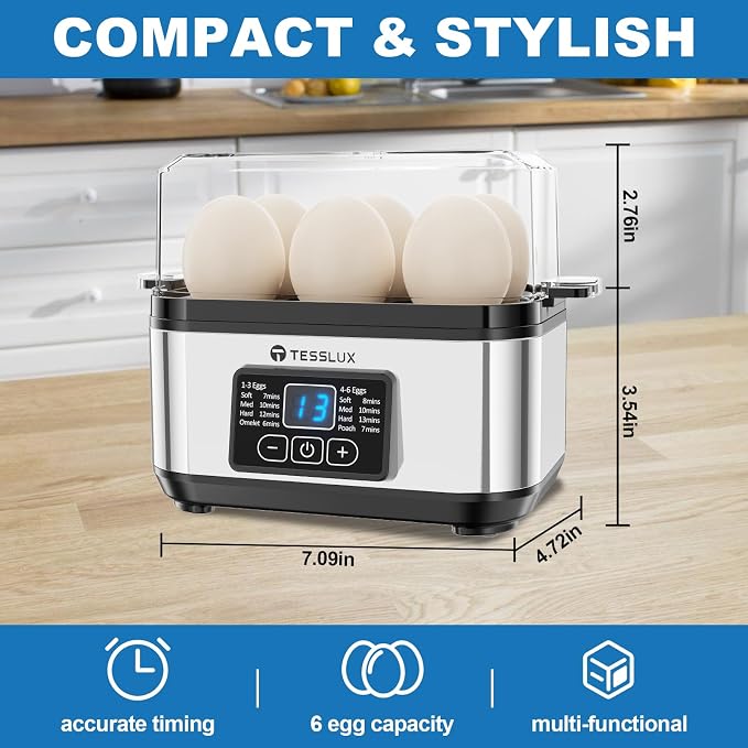 Tesslux Electric Egg Cooker, 6-Egg Boiler for Hard, Soft, Poached, Silver