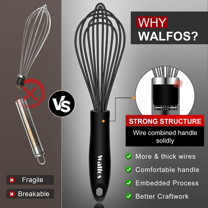 Walfos Silicone Whisk,Stainless Steel Wire Whisk Set of 3 -Heat Resistant