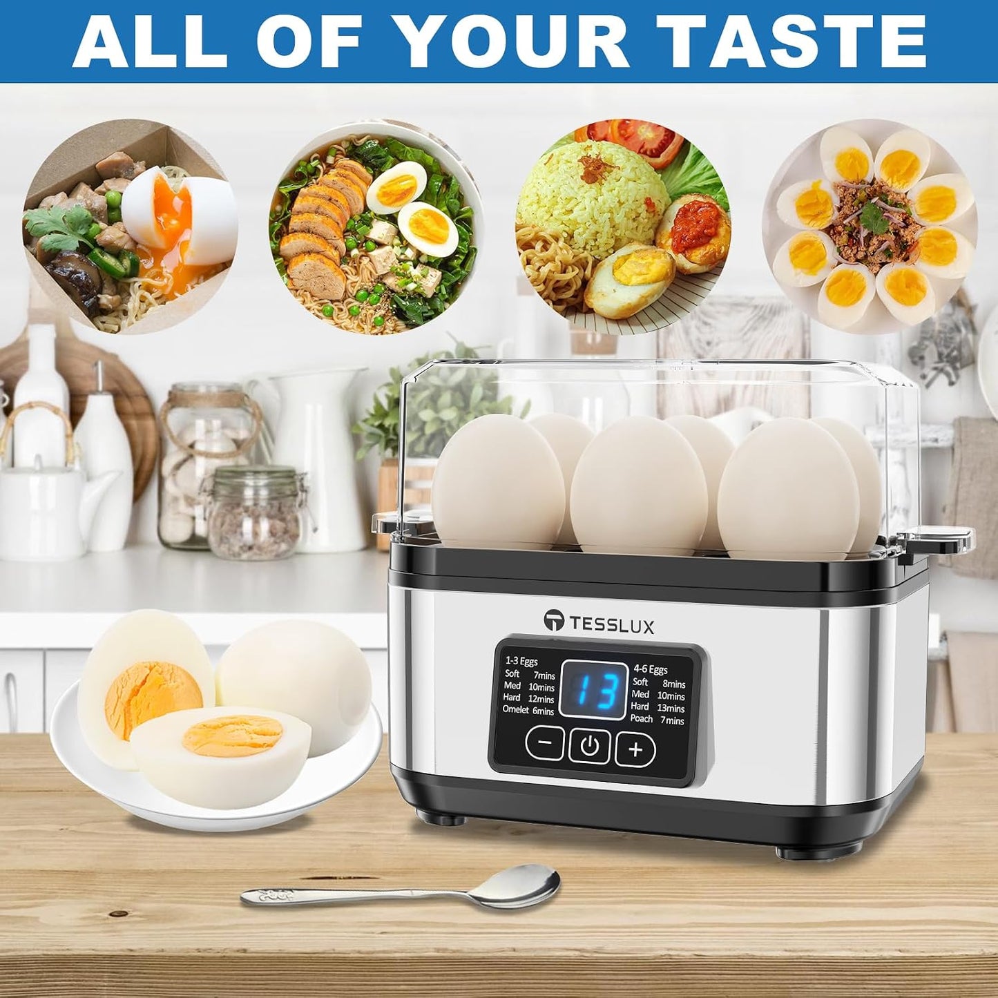 Tesslux Electric Egg Cooker, 6-Egg Boiler for Hard, Soft, Poached, Silver