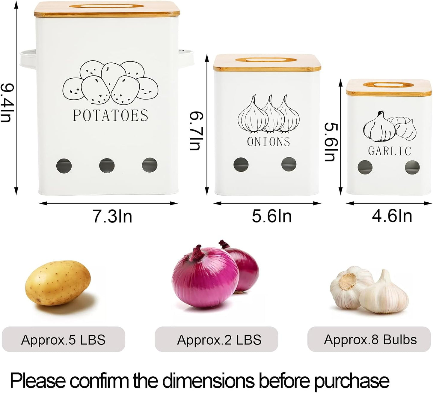 WUWEOT 3 Pack Vegetable Storage Tins, Metal Onion Garlic Potato Jars Set