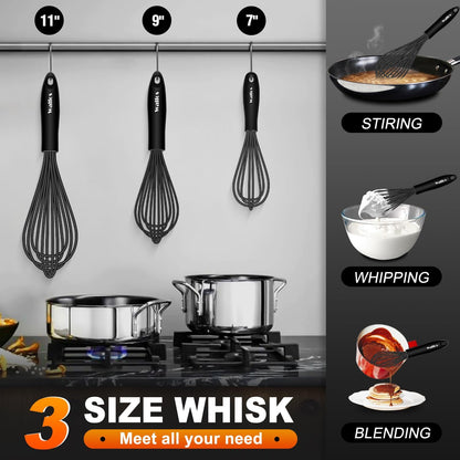 Walfos Silicone Whisk,Stainless Steel Wire Whisk Set of 3 -Heat Resistant