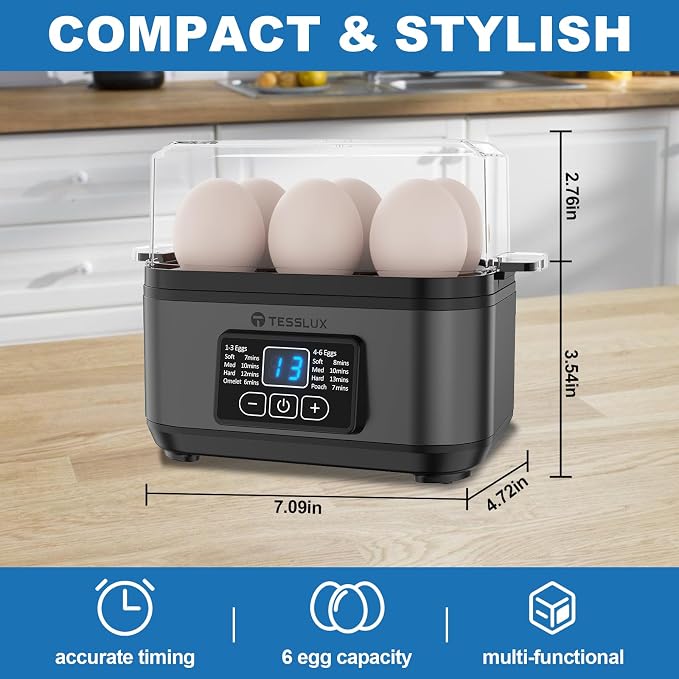 Tesslux Electric Egg Cooker, 6-Egg Boiler for Hard, Soft, Poached, Silver