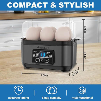 Tesslux Electric Egg Cooker, 6-Egg Boiler for Hard, Soft, Poached, Silver