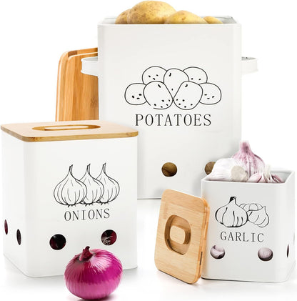 WUWEOT 3 Pack Vegetable Storage Tins, Metal Onion Garlic Potato Jars Set