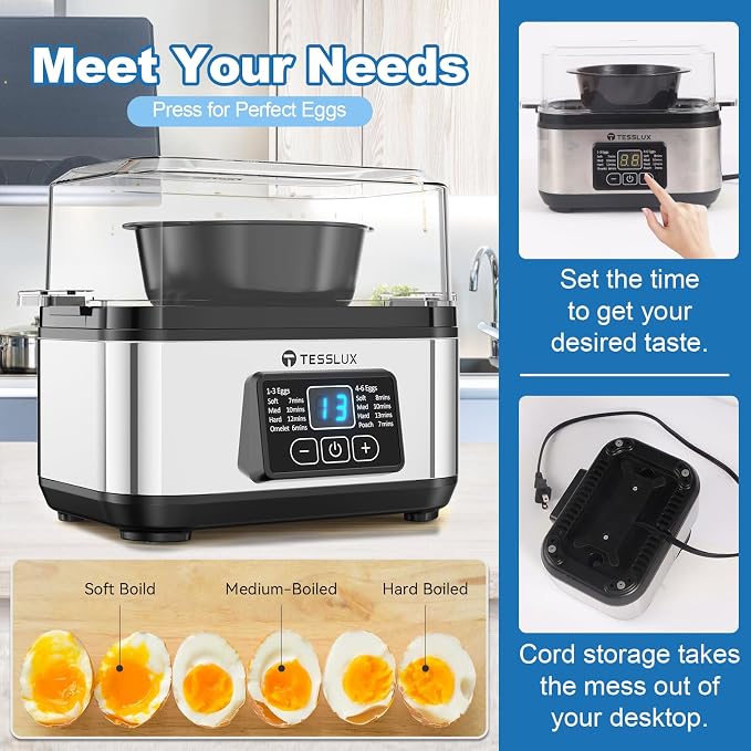 Tesslux Electric Egg Cooker, 6-Egg Boiler for Hard, Soft, Poached, Silver