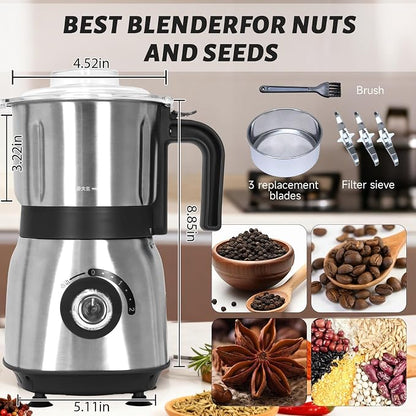 Versatile Kitchen Grinder | 500W Electric Mill | Grinds Spices, Nuts, Grains, Coffee | 3 Stainless Steel Blades