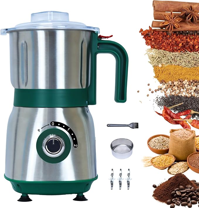 Versatile Kitchen Grinder | 500W Electric Mill | Grinds Spices, Nuts, Grains, Coffee | 3 Stainless Steel Blades