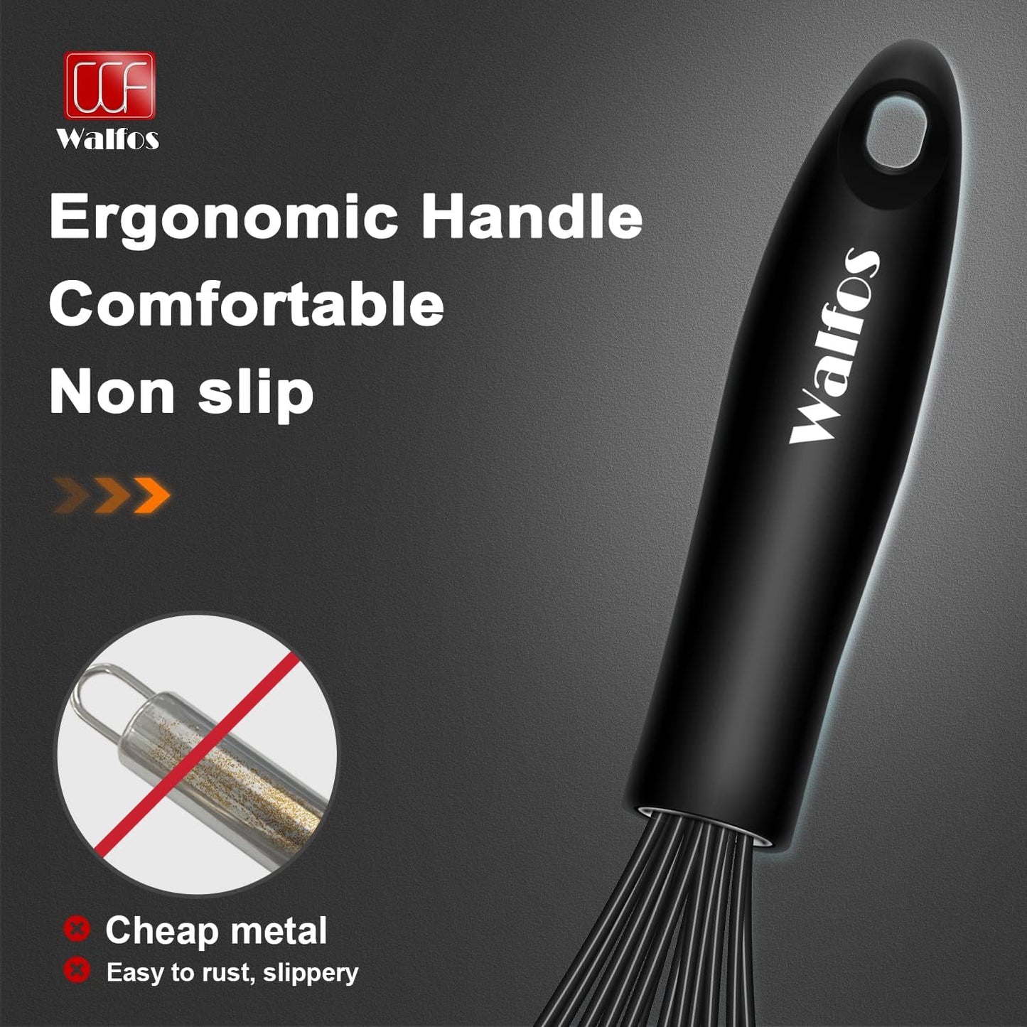 Walfos Silicone Whisk,Stainless Steel Wire Whisk Set of 3 -Heat Resistant