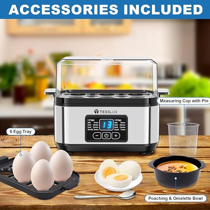 Tesslux Electric Egg Cooker, 6-Egg Boiler for Hard, Soft, Poached, Silver