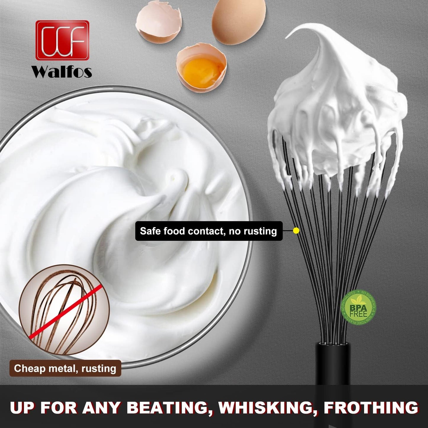 Walfos Silicone Whisk,Stainless Steel Wire Whisk Set of 3 -Heat Resistant