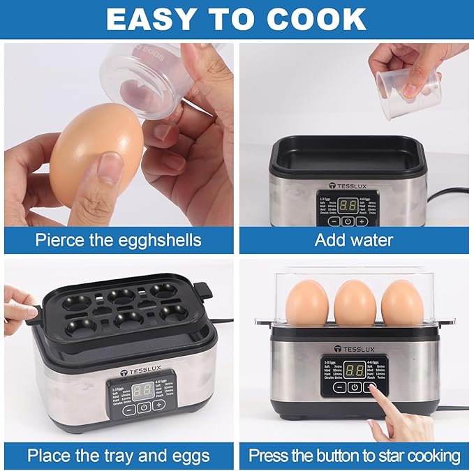 Tesslux Electric Egg Cooker, 6-Egg Boiler for Hard, Soft, Poached, Silver
