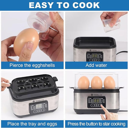 Tesslux Electric Egg Cooker, 6-Egg Boiler for Hard, Soft, Poached, Silver