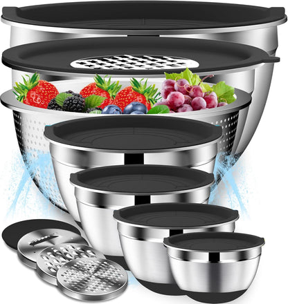 DUTZUN Mixing Bowls with Lids Set, Stainless Steel Mixing Bowls with Colander