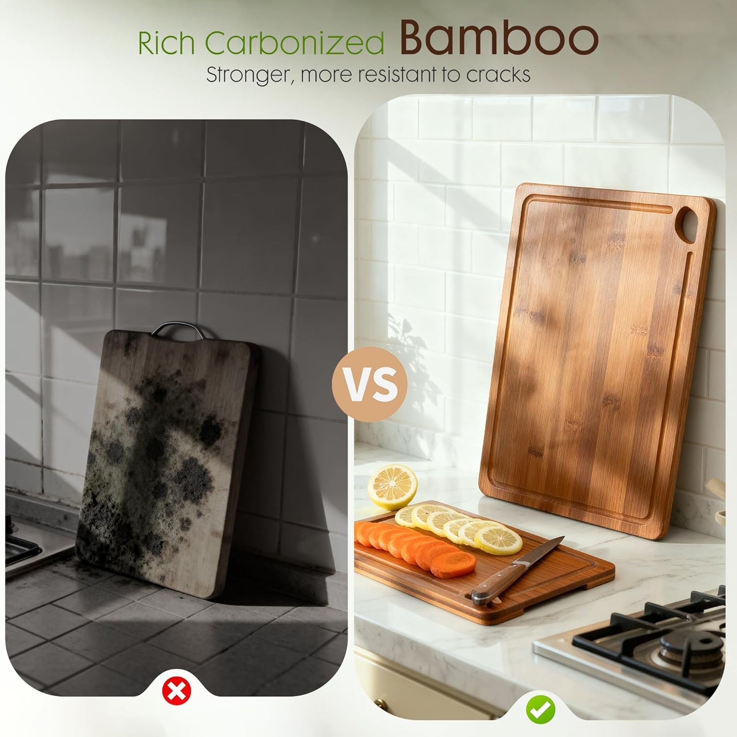 Astercook Deep-Carbonized Bamboo Cutting Boards for Kitchen with Wood Storage Stand