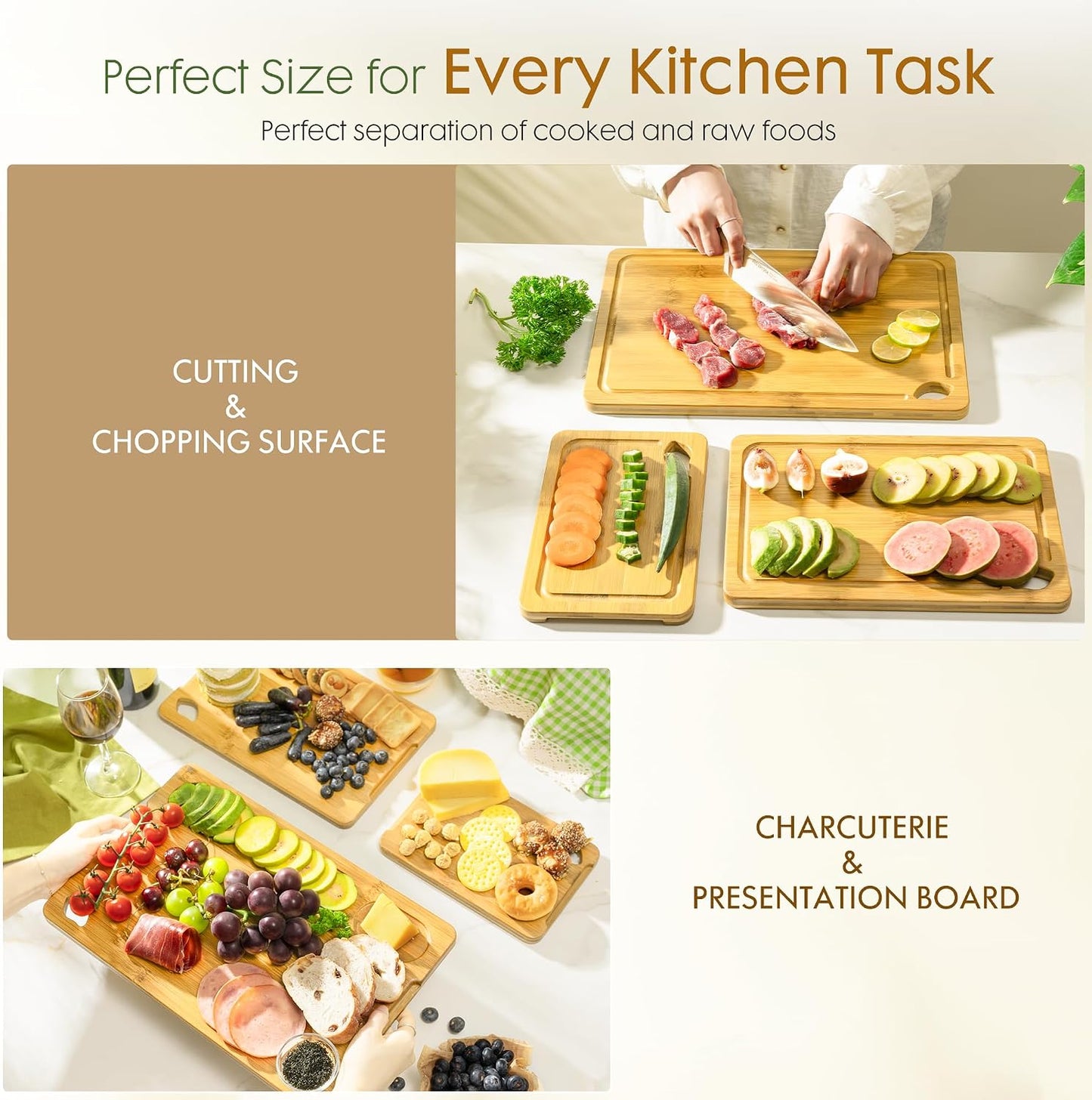 Astercook Deep-Carbonized Bamboo Cutting Boards for Kitchen with Wood Storage Stand