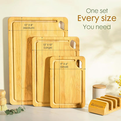 Astercook Deep-Carbonized Bamboo Cutting Boards for Kitchen with Wood Storage Stand