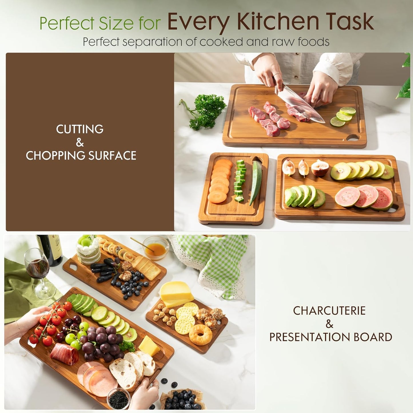 Astercook Deep-Carbonized Bamboo Cutting Boards for Kitchen with Wood Storage Stand