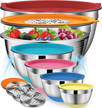 DUTZUN Mixing Bowls with Lids Set, Stainless Steel Mixing Bowls with Colander