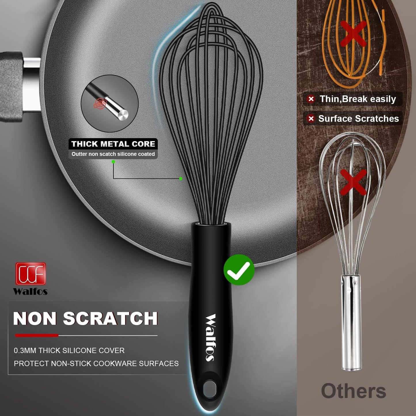 Walfos Silicone Whisk,Stainless Steel Wire Whisk Set of 3 -Heat Resistant