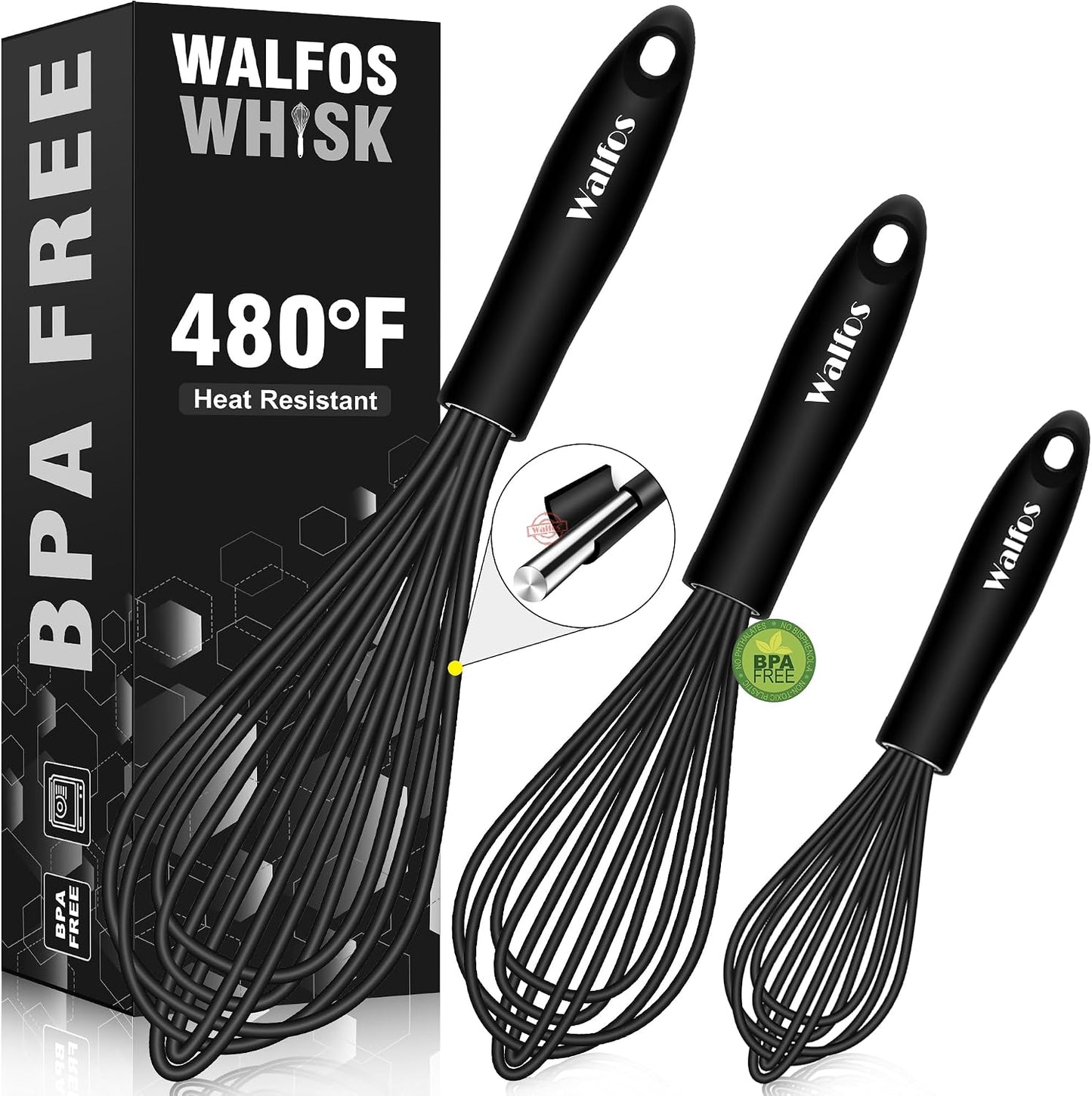 Walfos Silicone Whisk,Stainless Steel Wire Whisk Set of 3 -Heat Resistant