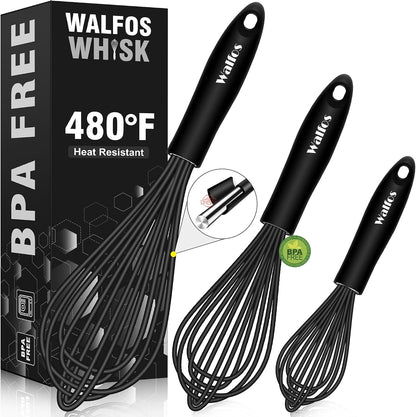 Walfos Silicone Whisk,Stainless Steel Wire Whisk Set of 3 -Heat Resistant