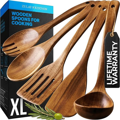 Zulay Kitchen Extra-Large 5-Piece Wooden Spoon Set