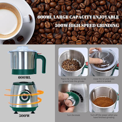 Versatile Kitchen Grinder | 500W Electric Mill | Grinds Spices, Nuts, Grains, Coffee | 3 Stainless Steel Blades