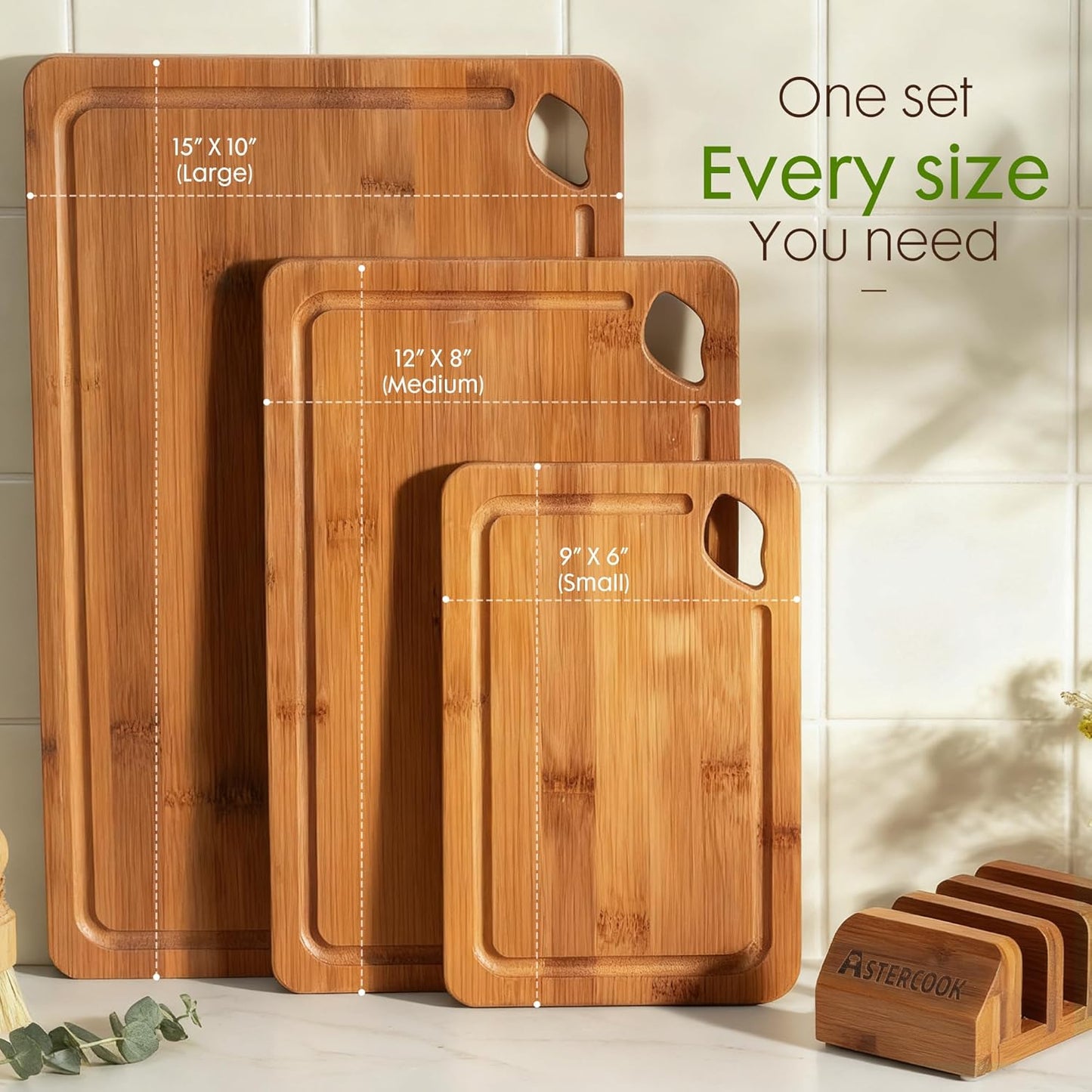 Astercook Deep-Carbonized Bamboo Cutting Boards for Kitchen with Wood Storage Stand