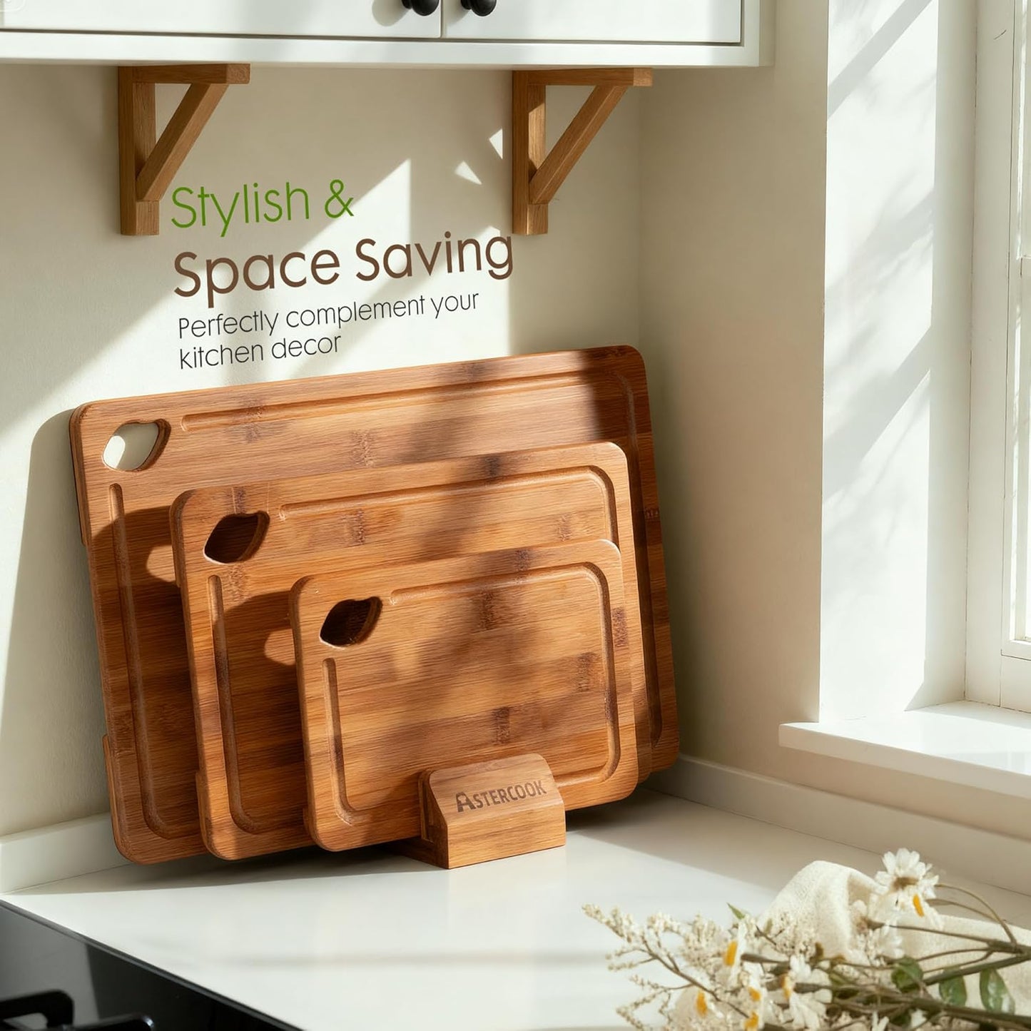 Astercook Deep-Carbonized Bamboo Cutting Boards for Kitchen with Wood Storage Stand