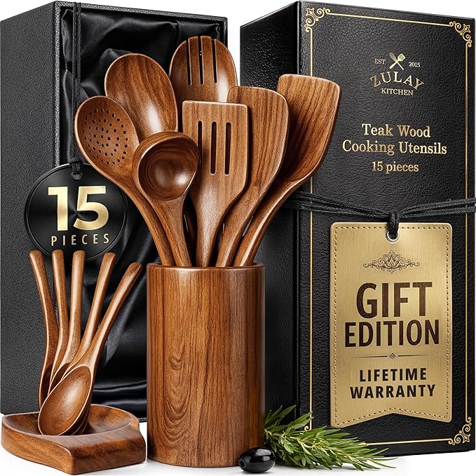 Zulay Kitchen Extra-Large 5-Piece Wooden Spoon Set