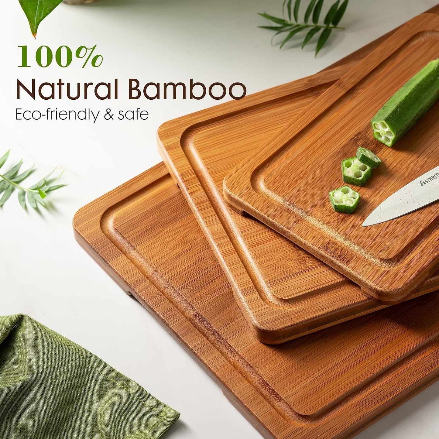Astercook Deep-Carbonized Bamboo Cutting Boards for Kitchen with Wood Storage Stand