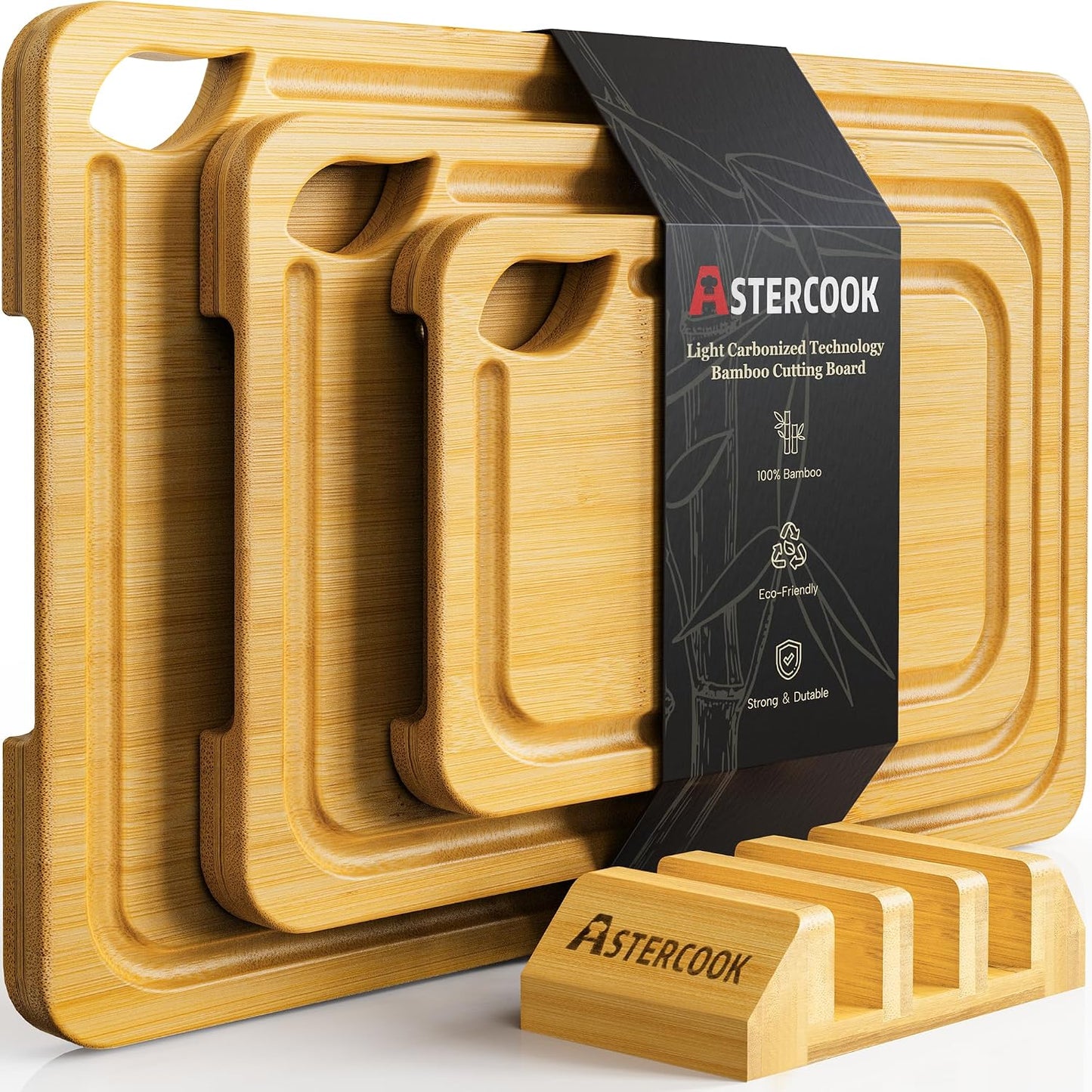 Astercook Deep-Carbonized Bamboo Cutting Boards for Kitchen with Wood Storage Stand